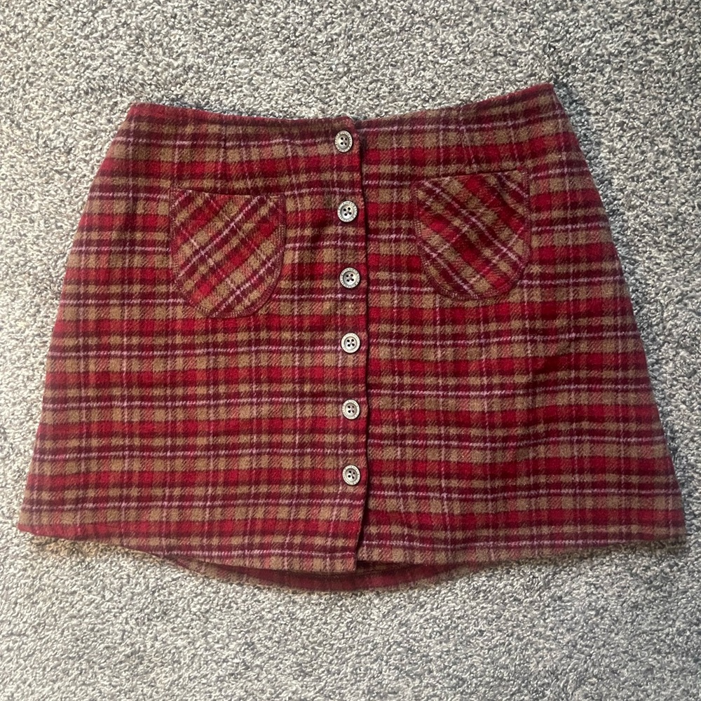 Vintage American Eagle Outfitters - 90s Plaid Button-Front Skirt - Red and Brown